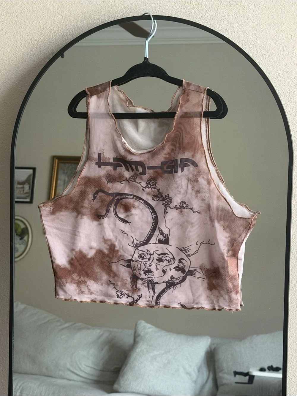 Brown Tie Dye Graphic Mesh Crop Tank